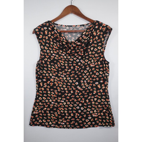 MM LaFleur Floral Sleeveless Top Size Medium Black Red Slinky Stretchy Cowl 6 8 - Picture 2 of 8